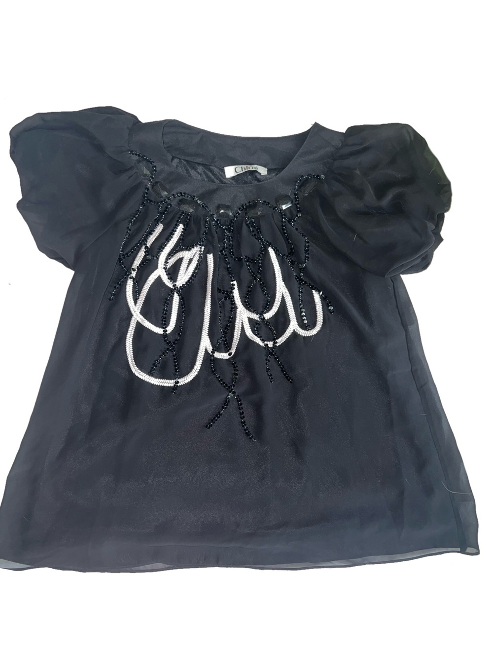 Chloe Black Puff Sleeve Beaded Silk Blouse